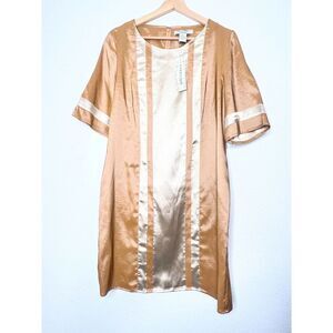 Women's luxury vertigo paris  gold tan short sleeve elegant tan dress midi XL.